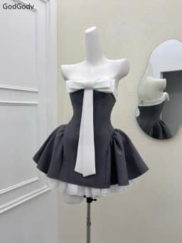 Summer New Vintage Elegant Woman Dress Strapless Bow Patchwork High Waist Puffy Mini Dress Female French Chic Sexy Outfits 2025