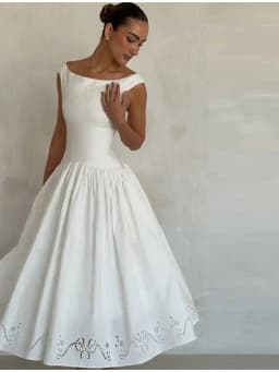 Minimalist White Boat Neck Midi Dress Women Elegant Cap Sleeve A-line Flare Eyelet Embroidery Vestido Wedding Formal Party Gown