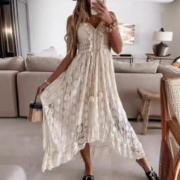Summer new European and American lace suspender pendulum solid color long dress solid color
