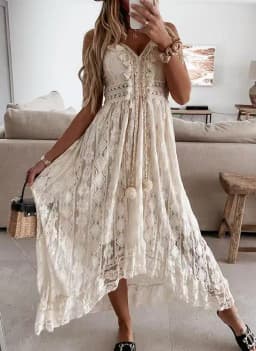 Summer new European and American lace suspender pendulum solid color long dress solid color