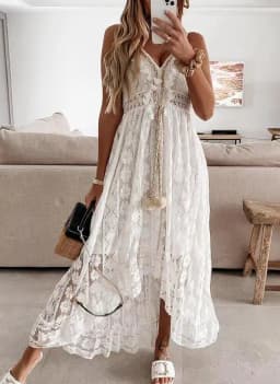Summer new European and American lace suspender pendulum solid color long dress solid color