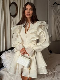 Solid Ruffle Mini Dress U Neck Long Puff Sleeve Tie Neck Tiered Hem Sweet Style Gown Soft Pastel Tones Fashion Chic Women Outfit