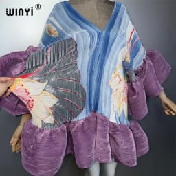 WINYI Women's Pleated Elastic Elegant Short Dress Beach Cover Up Kaftan Abaya Dubai Luxury Evening Wear Muslim Fashion
