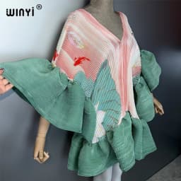 WINYI Women's Pleated Elastic Elegant Short Dress Beach Cover Up Kaftan Abaya Dubai Luxury Evening Wear Muslim Fashion