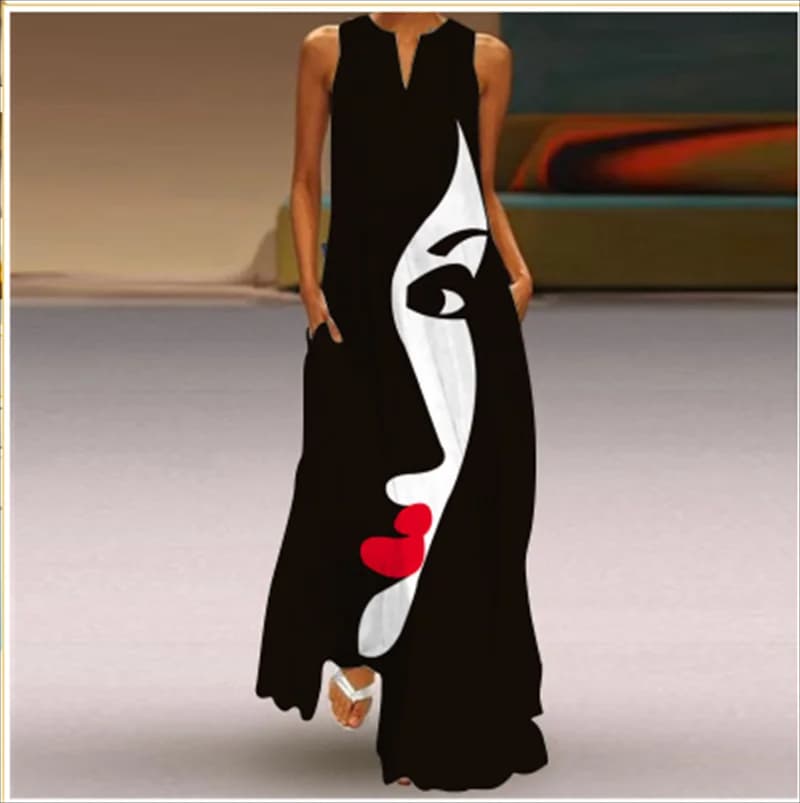 Fashion Lady Summer Long Women's Dress Black Sleeveless Loose Face Print Elegant Party Dresses For Women Casual Beach Dress Robe