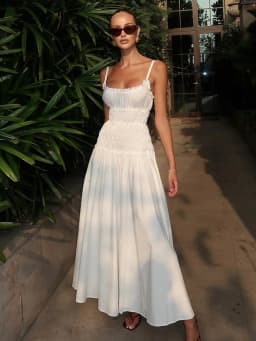 Bornladies New 2026 Summer White Ruched Long Dresses Women's Spaghetti Strap Cotton Slim Fitted Waist Dress