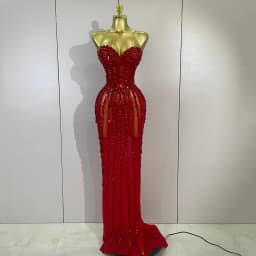Sexy Red Strapless Mesh See Through Long Dress Evening Party Luxury Sparkly Diamond Birthday Nightclub PhotoShoot Stage Costumes