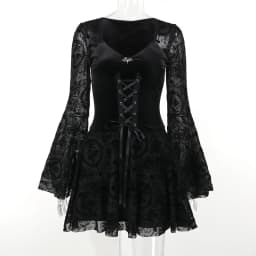 Goth Dark Elegant Vintage Mall Gothic Velvet Dresses Grunge Punk Style Flocked Bandage Dress Women Flare Sleeve Party Alt Outfit