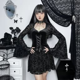 Goth Dark Elegant Vintage Mall Gothic Velvet Dresses Grunge Punk Style Flocked Bandage Dress Women Flare Sleeve Party Alt Outfit