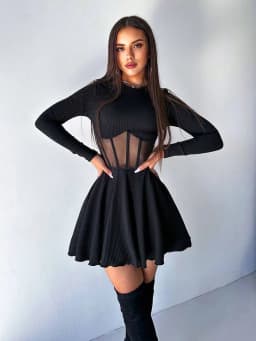A-Line Solid Dresses For Women Fashion Sexy Streetwear Long Sleeves Mesh Patchwork O-Neck Mini Vestidos Robes Female Slim Fit