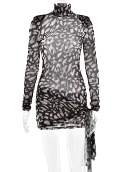 Fantoye Turtleneck Sexy Sheer Print Leopard Bandage Women Dress Long Sleeve Mini Dress Lady Spring Slim Elegant Party Club Dress