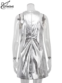 Oymimi Sexy Slim Sliver Pu Leather Dress Ladies Bodycon O-Neck Sleeveless Dress Elegant Classicc Party Dresses For Women 2023