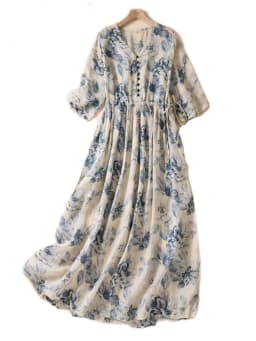 Short Sleeve Print Vintage Long Dresses For Women 2026 New Summer Fashion Casual Loose Dress Femme Robe Vestidos Elegant Clothes
