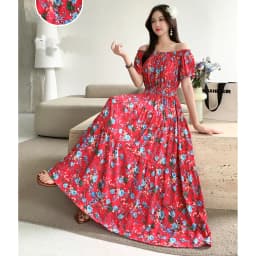 Bohemian Floral Print Long Dress Cotton Rayon Summer Slimming Holiday Dress Casual One-Shoulder A-Line Skirt High Waist Short...