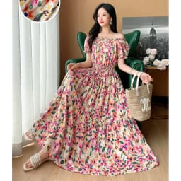 Bohemian Floral Print Long Dress Cotton Rayon Summer Slimming Holiday Dress Casual One-Shoulder A-Line Skirt High Waist Short...