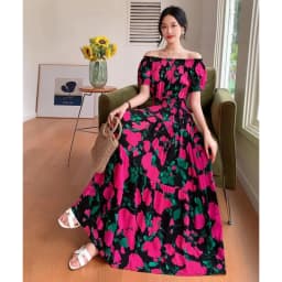 Bohemian Floral Print Long Dress Cotton Rayon Summer Slimming Holiday Dress Casual One-Shoulder A-Line Skirt High Waist Short...