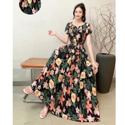 Bohemian Floral Print Long Dress Cotton Rayon Summer Slimming Holiday Dress Casual One-Shoulder A-Line Skirt High Waist Short...