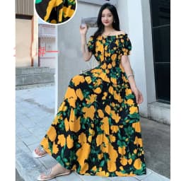 Bohemian Floral Print Long Dress Cotton Rayon Summer Slimming Holiday Dress Casual One-Shoulder A-Line Skirt High Waist Short...