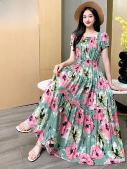 Bohemian Floral Print Long Dress Cotton Rayon Summer Slimming Holiday Dress Casual One-Shoulder A-Line Skirt High Waist Short...