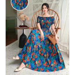 Bohemian Floral Print Long Dress Cotton Rayon Summer Slimming Holiday Dress Casual One-Shoulder A-Line Skirt High Waist Short...