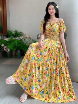Bohemian Floral Print Long Dress Cotton Rayon Summer Slimming Holiday Dress Casual One-Shoulder A-Line Skirt High Waist Short...