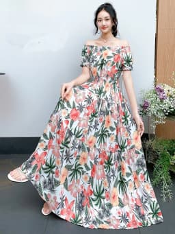 Bohemian Floral Print Long Dress Cotton Rayon Summer Slimming Holiday Dress Casual One-Shoulder A-Line Skirt High Waist Short...