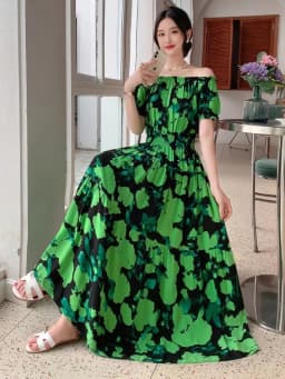 Bohemian Floral Print Long Dress Cotton Rayon Summer Slimming Holiday Dress Casual One-Shoulder A-Line Skirt High Waist Short...