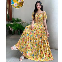 Bohemian Floral Print Long Dress Cotton Rayon Summer Slimming Holiday Dress Casual One-Shoulder A-Line Skirt High Waist Short...
