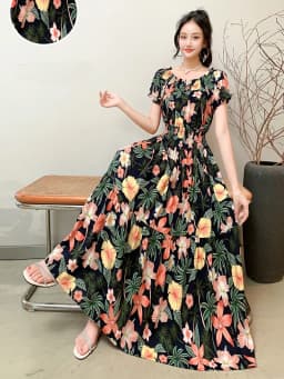 Bohemian Floral Print Long Dress Cotton Rayon Summer Slimming Holiday Dress Casual One-Shoulder A-Line Skirt High Waist Short...