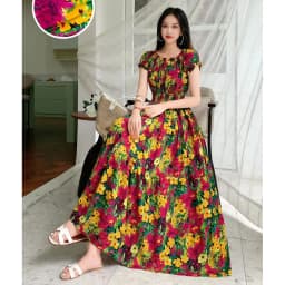 Bohemian Floral Print Long Dress Cotton Rayon Summer Slimming Holiday Dress Casual One-Shoulder A-Line Skirt High Waist Short...