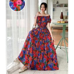 Bohemian Floral Print Long Dress Cotton Rayon Summer Slimming Holiday Dress Casual One-Shoulder A-Line Skirt High Waist Short...