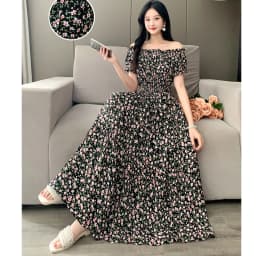 Bohemian Floral Print Long Dress Cotton Rayon Summer Slimming Holiday Dress Casual One-Shoulder A-Line Skirt High Waist Short...