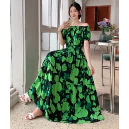 Bohemian Floral Print Long Dress Cotton Rayon Summer Slimming Holiday Dress Casual One-Shoulder A-Line Skirt High Waist Short...