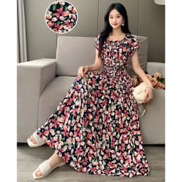 Bohemian Floral Print Long Dress Cotton Rayon Summer Slimming Holiday Dress Casual One-Shoulder A-Line Skirt High Waist Short...