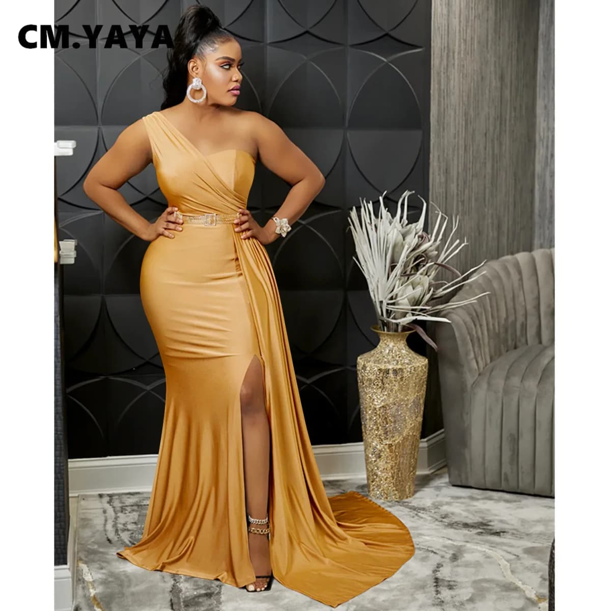 CM.YAYA One Shoulder Skew Neck Tassel Side Floor Length Mermaid Long Maxi Dress Women 2022 Sexy Party Club Even Prom Dresses