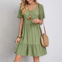 Women Summer Dresses Spring V-Neck Short Sleeve Loose Waist Ruffle Fit Flare Vocation Dresses