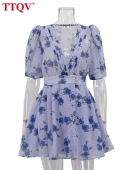 TTQV Fashion Loose Print Women Dress 2025 Sexy Deep V-Neck Short Sleeve Mini Dresses Elegant Classic High Waist Female Dress