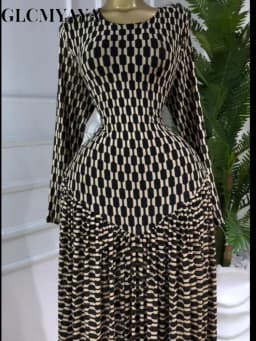 CM.YAYA Women Plaid Round Neckline Long Sleeve Fit and Flare Long Maxi Dress 2025 Even Party Education Vacation Dresses Vestidos