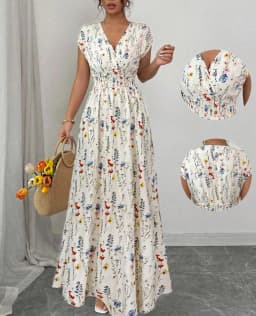 Summer Women's V-neck Dress Short-sleeved High-waisted Plant Print Simple Fashion Holiday Casual Long Dress for Female