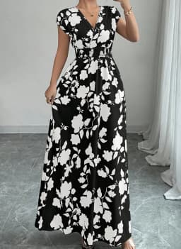 Summer Women's V-neck Dress Short-sleeved High-waisted Plant Print Simple Fashion Holiday Casual Long Dress for Female