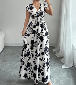 Summer Women's V-neck Dress Short-sleeved High-waisted Plant Print Simple Fashion Holiday Casual Long Dress for Female