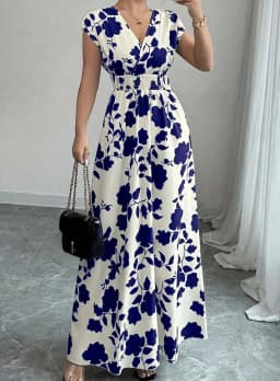 Summer Women's V-neck Dress Short-sleeved High-waisted Plant Print Simple Fashion Holiday Casual Long Dress for Female