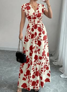 Summer Women's V-neck Dress Short-sleeved High-waisted Plant Print Simple Fashion Holiday Casual Long Dress for Female