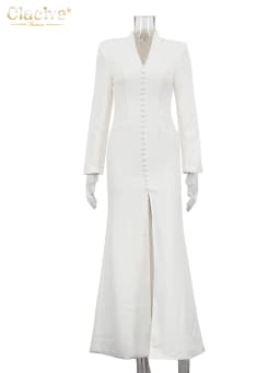 Clacive Sexy Slim White Women's Dress 2025 Fashion V-Neck Long Sleeve Ankle Length Dresses Elegant Classic Slit Female Dress