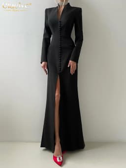 Clacive Sexy Slim White Women's Dress 2025 Fashion V-Neck Long Sleeve Ankle Length Dresses Elegant Classic Slit Female Dress