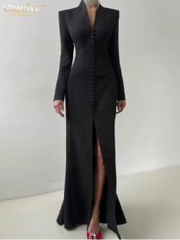 Clacive Sexy Slim White Women's Dress 2025 Fashion V-Neck Long Sleeve Ankle Length Dresses Elegant Classic Slit Female Dress