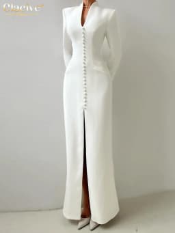 Clacive Sexy Slim White Women's Dress 2025 Fashion V-Neck Long Sleeve Ankle Length Dresses Elegant Classic Slit Female Dress