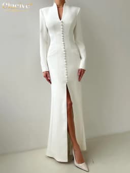Clacive Sexy Slim White Women's Dress 2025 Fashion V-Neck Long Sleeve Ankle Length Dresses Elegant Classic Slit Female Dress
