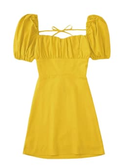 Women White Fashion Linen Blend Dress Female Square Neck Short Puff Sleeves Backless Crossover Straps Dress for Women's