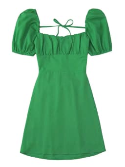 Women White Fashion Linen Blend Dress Female Square Neck Short Puff Sleeves Backless Crossover Straps Dress for Women's